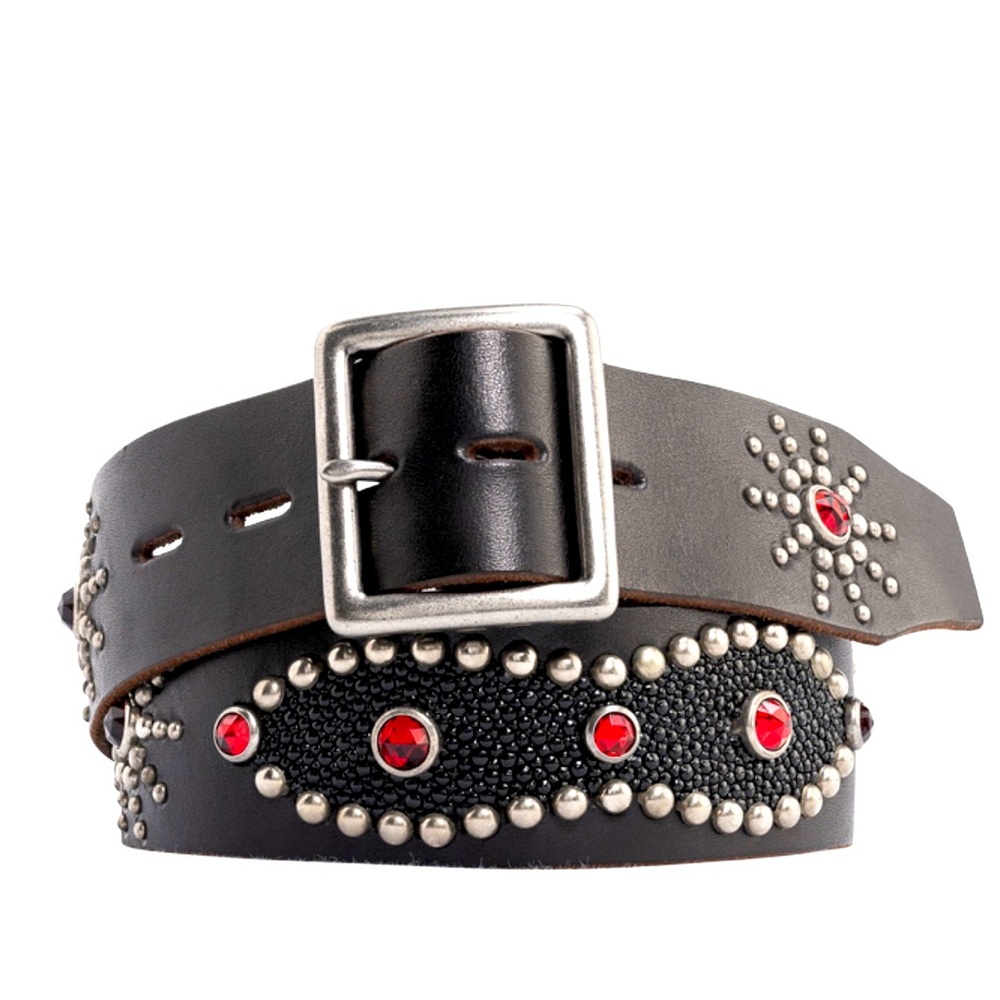 HTC Black Leather Red Crystal Jeweled Studded Stingray Peanut Rockabilly Belt 32